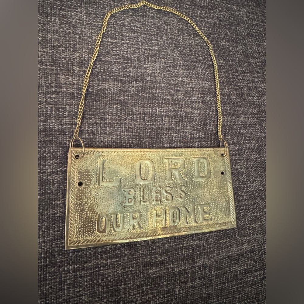 Vintage brass Lord bless our home hanging sign
